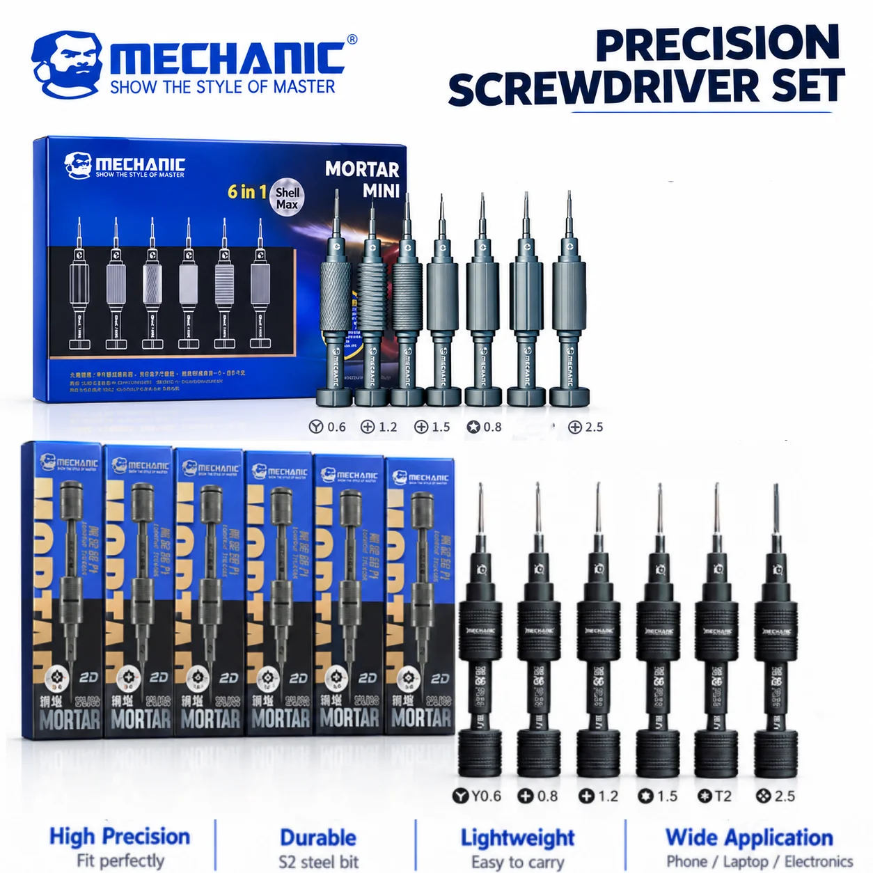 MECHANIC 6 in 1 Precision Screwdriver Set S2 High-Hardness Magnetic Bit for iPhone Samsung Phone Disassembly Repair Tool