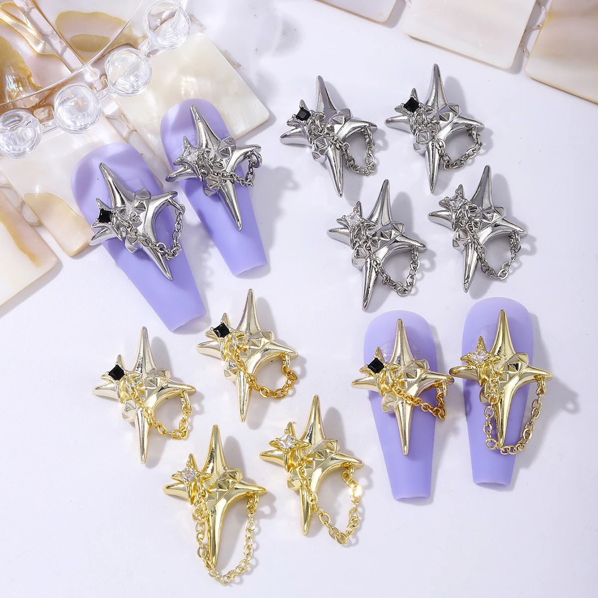 4 gold and silver stereo star chain pendant nail decoration, European and American style y2k metal diamond simple nail drill