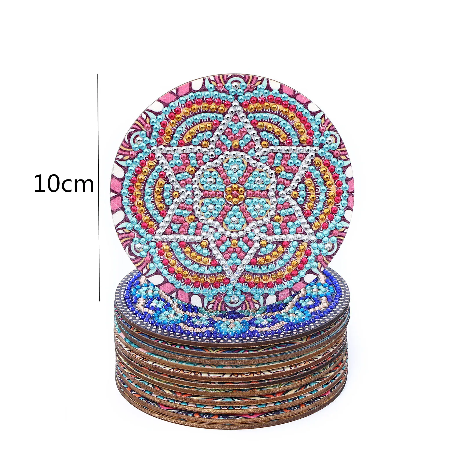 12 Pieces of round Mandala Pattern Artificial Diamond Painted Wooden Wooden Table Art Coaster with Bracket