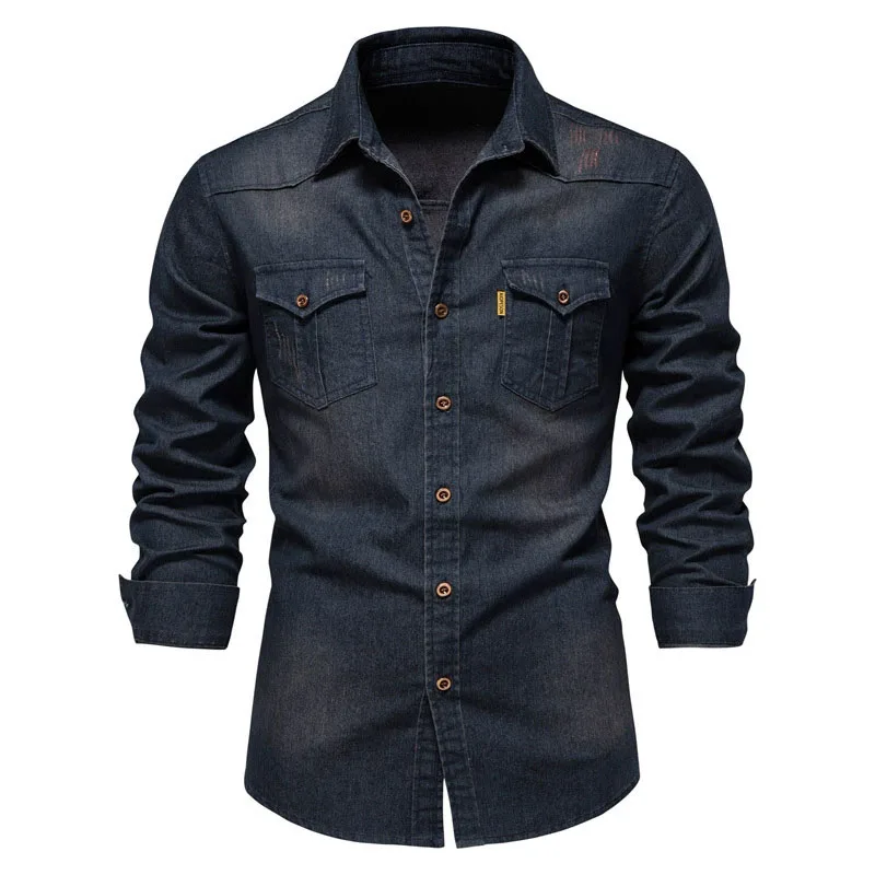 

Autumn Long Sleeve Denim Shirts Men's High Quality Button-Up Elastic Slim Fit Cowboy Shirt Casual Pockets Design Mens Clothing