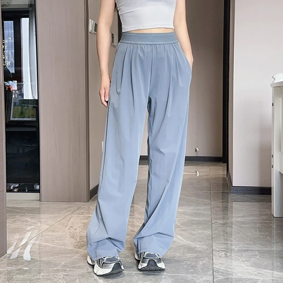 Neue elastische hohe Taille Casual Sporthose einfarbig amerikanischen Stil Hosen 2026 Mode High Street Sommer gerade Hose
