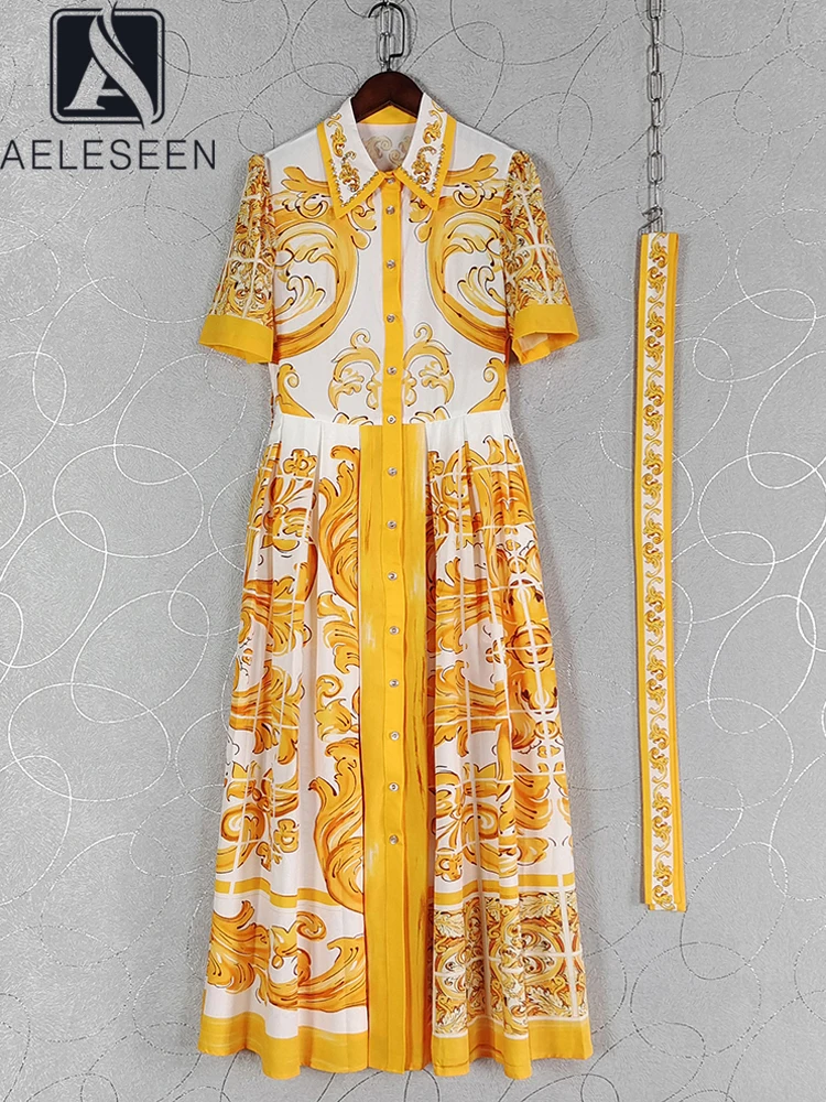 

AELESEEN Runway Fashion Long Dress Women Summer Turn-down Collar Yellow Porcelian Beading Diamonds Belt Elegant Long Party