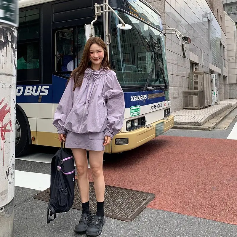 

Modern Fashion Korean All Match Harajuku Two Piece Sets Y2k Aesthetic Drawstring Stand Collar Zipper Clothes Safari Style Bottom