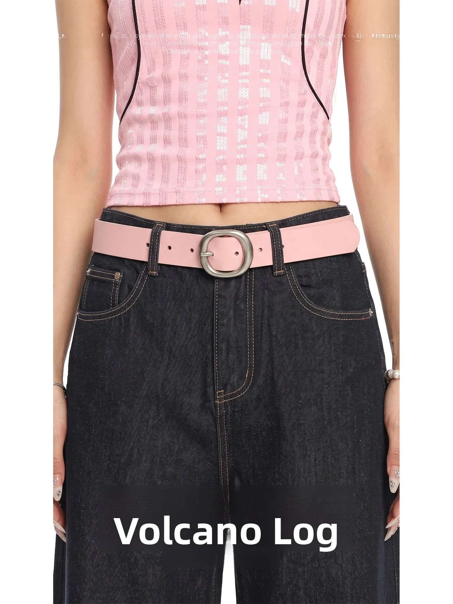 bright-silver-oval-buckle-belt-simple-korean-style-high-end-design-genuine-leather-belt-women's-model-volcano-log-original