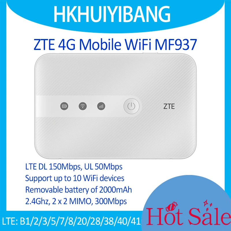 

ZTE 4G Mobile Hotspot MF937 802.11n 2.4GHz 300Mbps 4G LTE Cat4 Portable WiFi 2*2 MIMO Wireless Outdoor MiFi Router