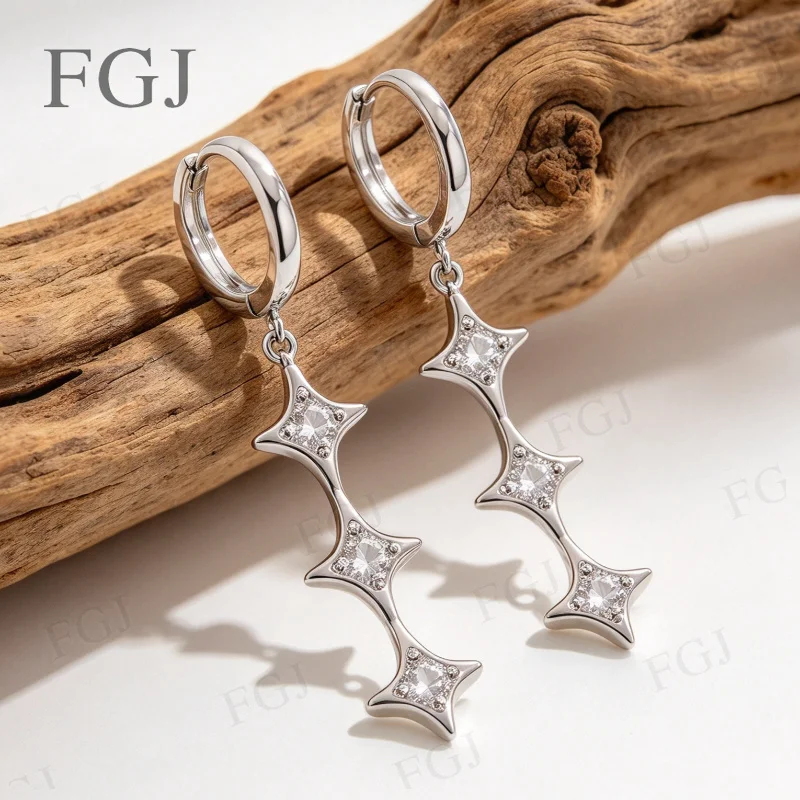 925 Sterling Silber Ohrringe mit drei vertikalen Sternen, D VVS1, Sternform, Moissanit, hängende Ohrringe, edler Alltagsschmuck für Damen – Detail 8