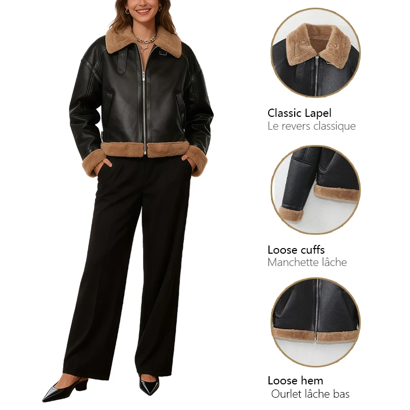 Giacca da donna ampia doppia corta stile motociclista per donna Colletto sfilacciato e orlo Giacca calda da pendolare Giacche da donna