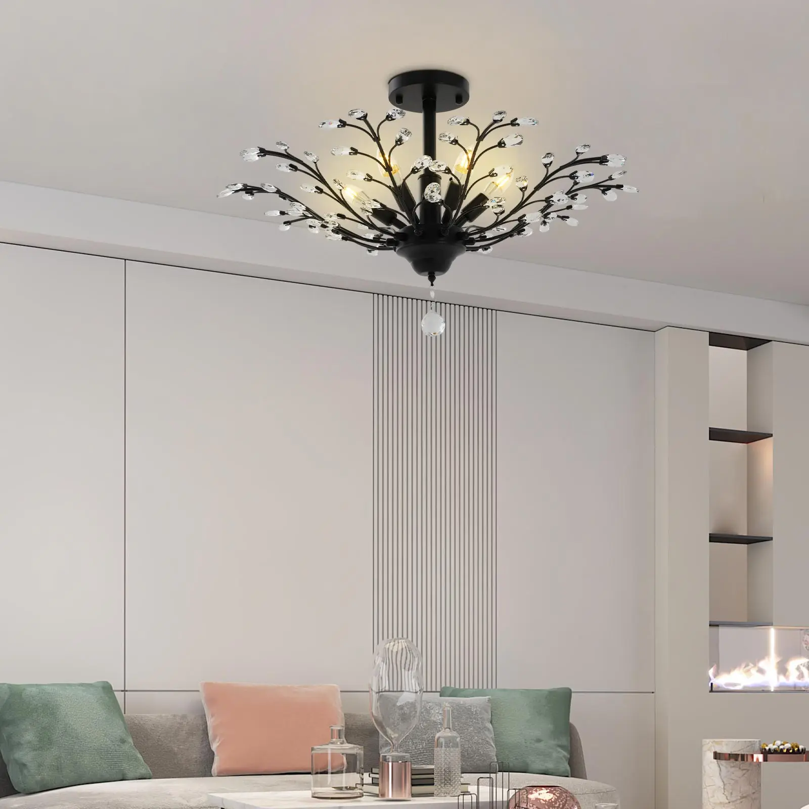 ضوء قلادة كريستال أسود، مصباح معلق فروع 5 * E12 مثبت على السقف 79 * 30 سم للصوفات وغرف المعيشة
