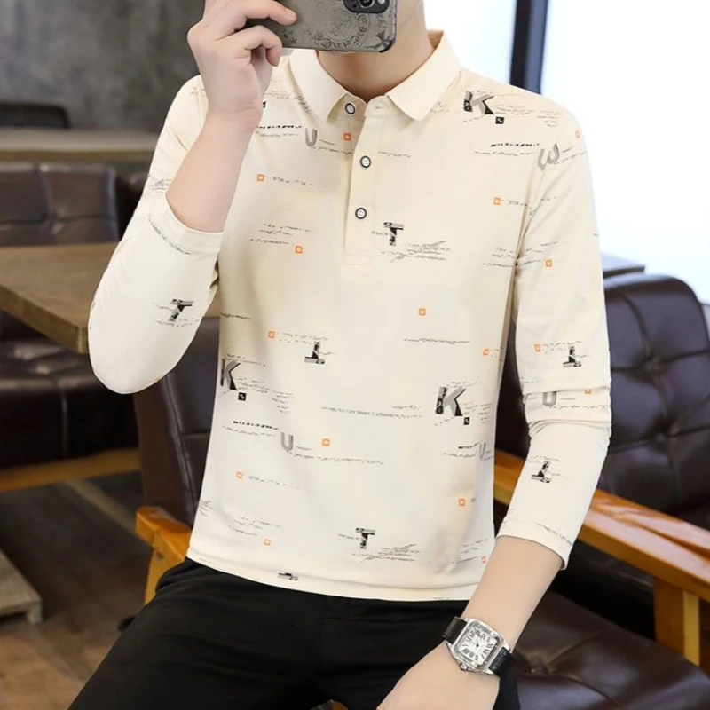 

Мужская рубашка-поло премиум-класса с длинным рукавом, модный повседневный топ на весну и осень, универсальная базовая футболка с лацканами