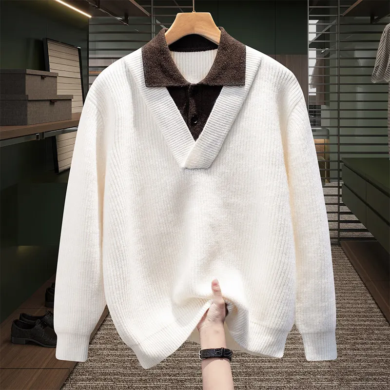 

High Quali Men's Casual Faionable Knitted Sweater Collar Color Blo Autumn Winter Warm Long Sve Easy Match Sle