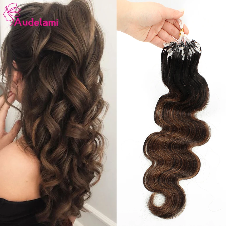 Audelami Body Wave Micro Loop Hair Extensions Human Hair  Micro Ring Loop Extension Human Hair 0.8g/s 1g/s 50s/set