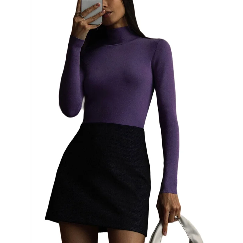 

ABUM-Women's Long-Sleeved Shirt Autumn And Winter Fashion Basic Thermal Underwear Tops Purple L