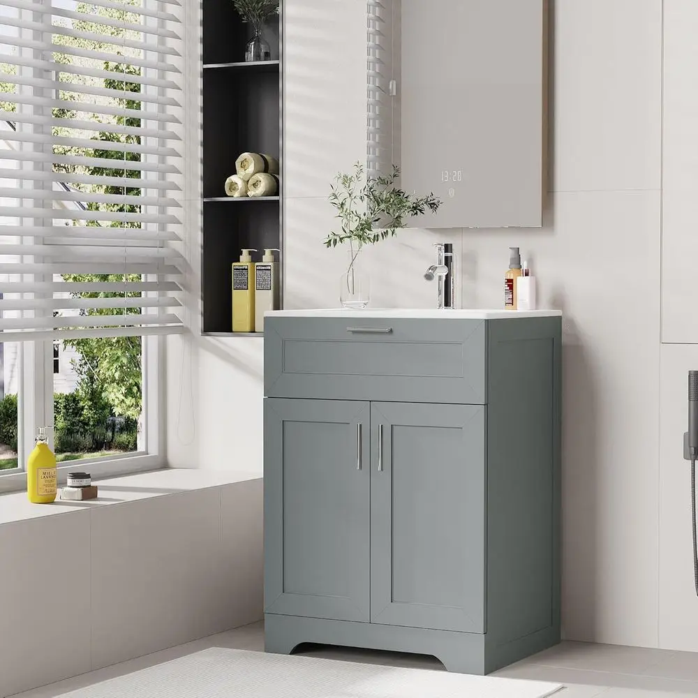 طقم مكون من 24 قطعة من الخشب الرمادي مع حوض سيراميك وتخزين مخفي