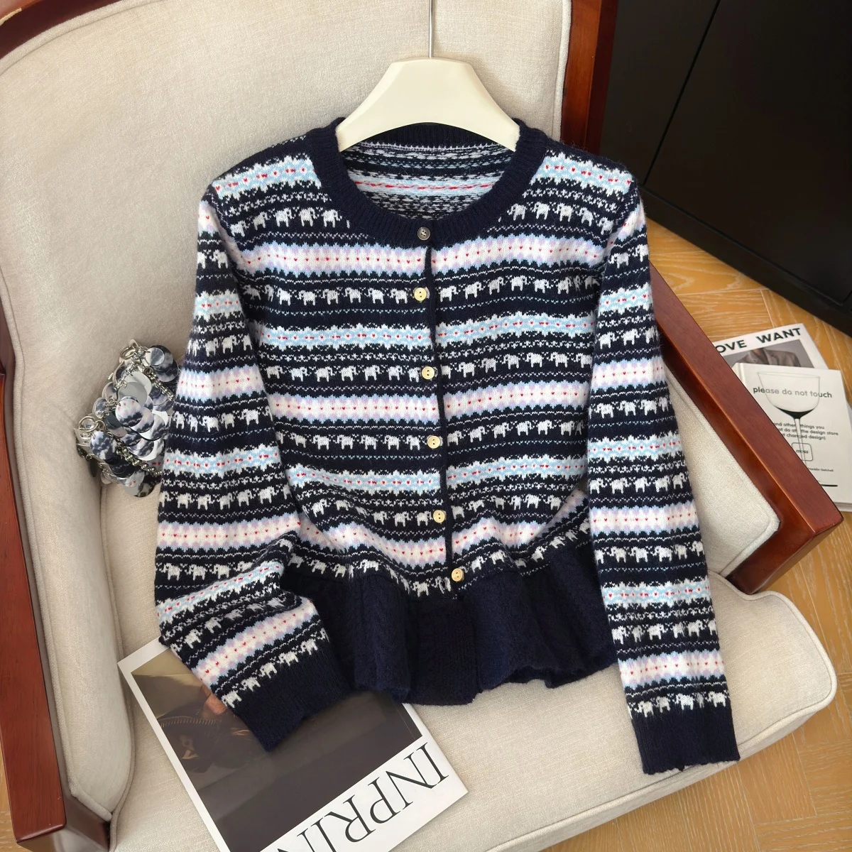 Women Blue Fair Isle Cardigan Sweater Y2k Gyaru Vintage Long Sleeve Knitwear Sweater Korean Style Oversize Knit Coat Autumn 2027