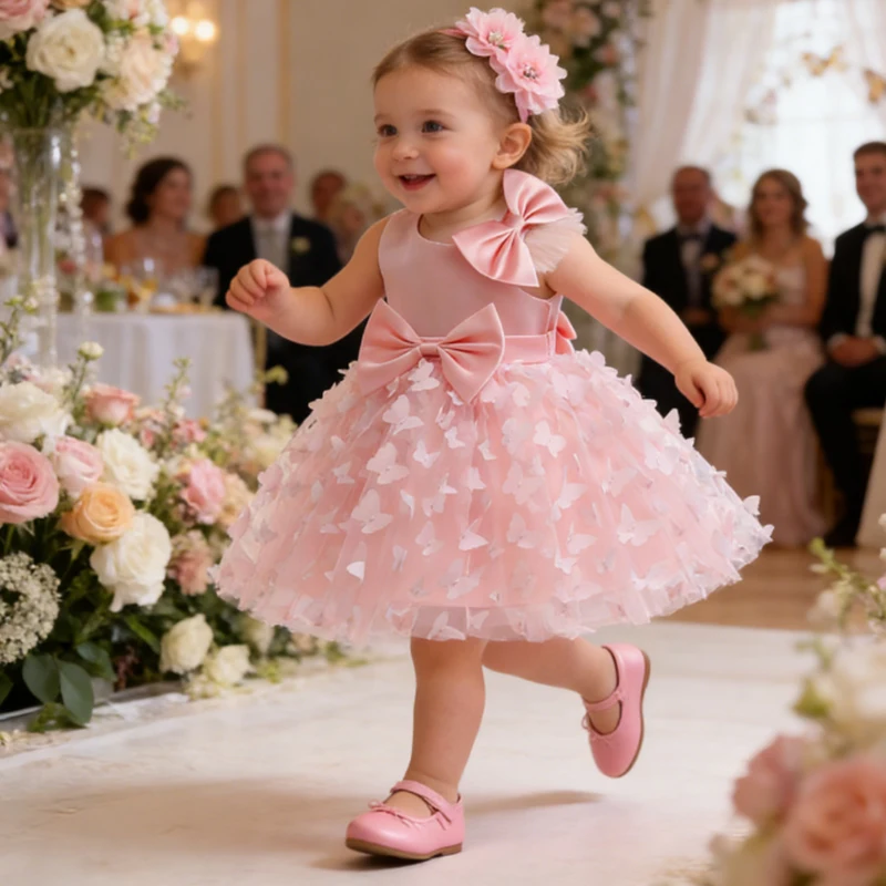 White Wedding Baby Girl Dress Bowknot Butterfly Tutu Dress Infant Toddler Flower Girls Baptism Birthday Dresses With Headband