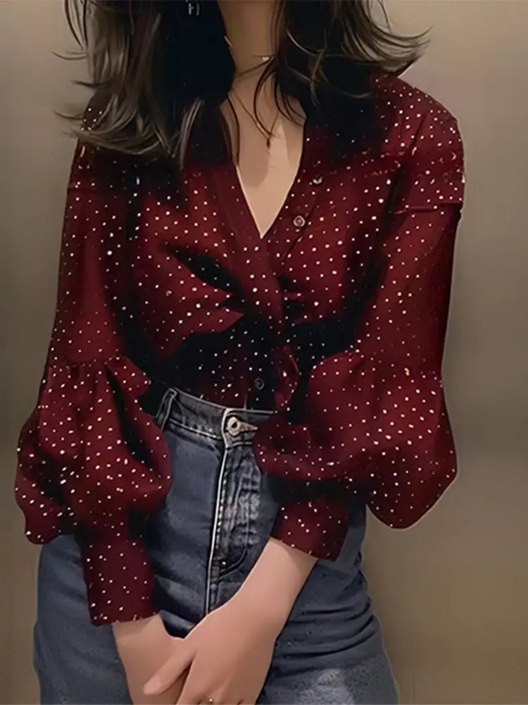 

Red Wine Color Chiffon Polka Dot Lantern Sleeve Shirt Long Sleeve Women's Shirt Autumn Initial Top V-neck Regular Sleeve TT1505