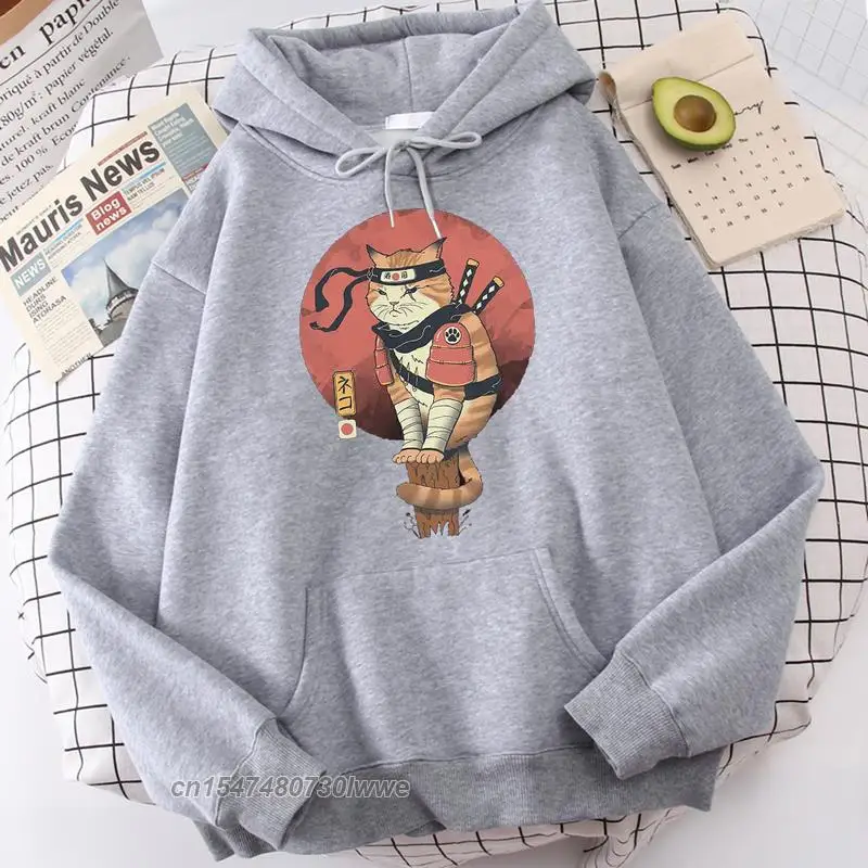 Shinobi Cat Japanese Cool Style Ukiyoe Printing Males Hoody Warm Winter Comfortable Sportwear Loose Casual 2022 Mens Hooded