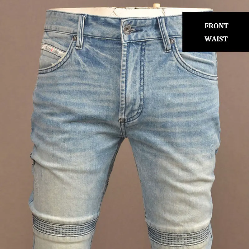 High Street Fashion Designer Men's Jeans Vintage Blue Elastic Tight Cycling Jeans Homme Panel Designer Zipper Pocket Hip Hop Jea