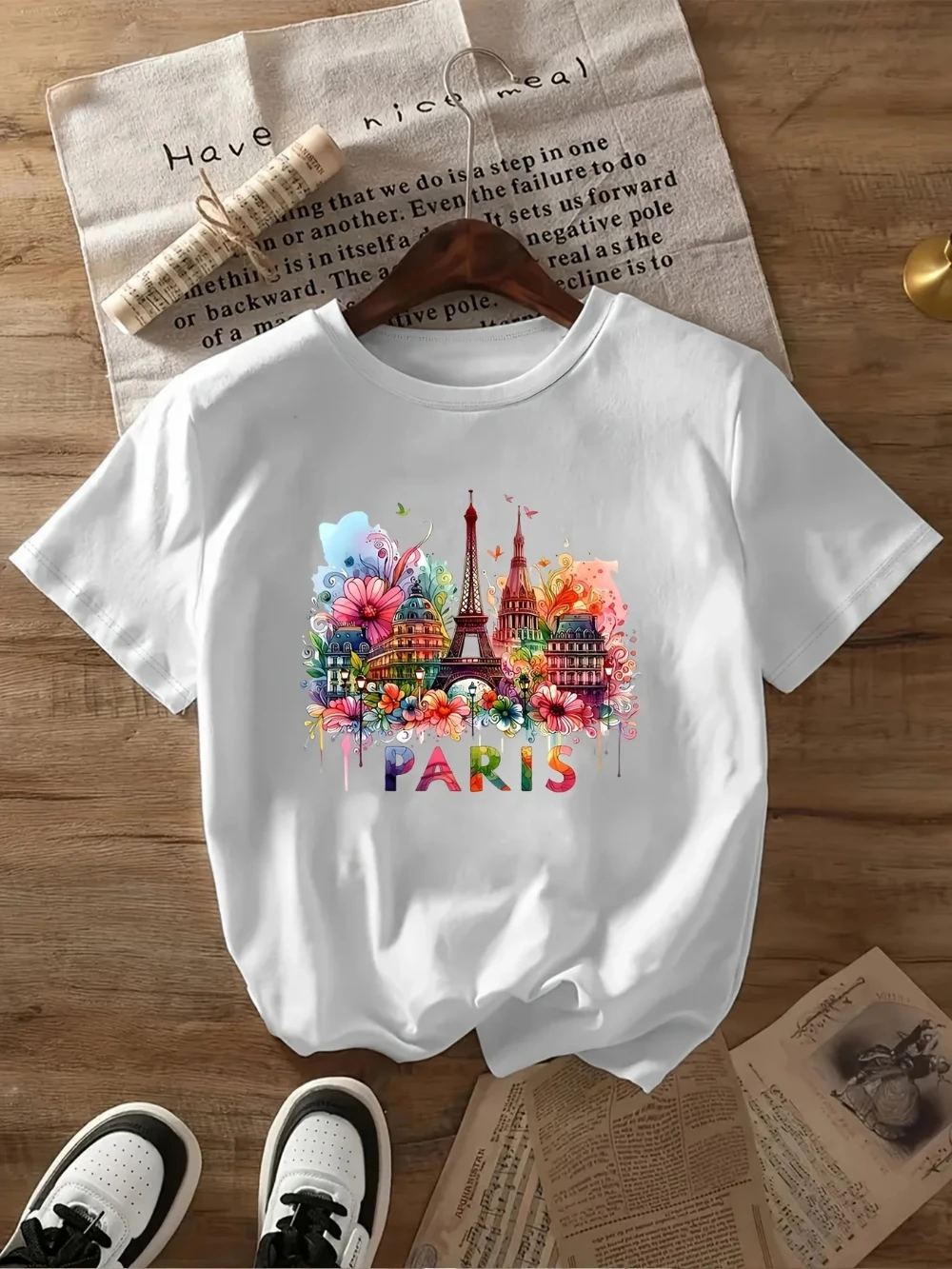 باريس برج ايفل الجرافيك التي شيرت المرأة عادية فضفاض صالح المحملة اليومية الشارع الشهير كبيرة الحجم قصيرة الأكمام تي شيرت الفرنسية تحت عنوان