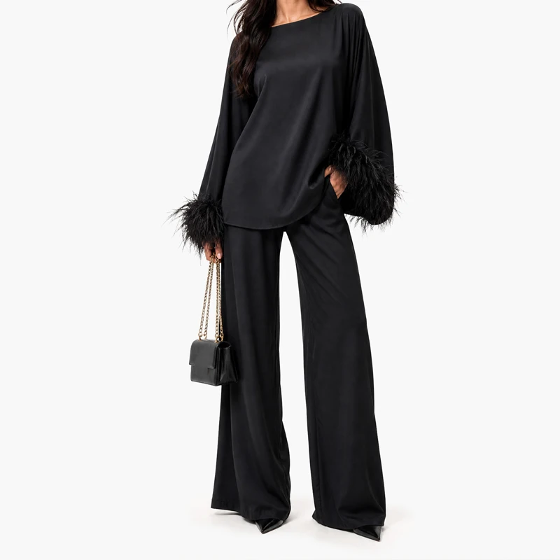 Elegant Formal Party Outfit Women Casual Two Piece Set New Satin Boat Neck Long Sleeve Feather Top High Waist Wide Leg Pant Suit