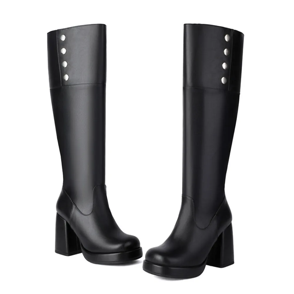 

Chunky Heel Knee High Boots for Women Plus Size 34-48 Platform Side Zipper Tall Boots White Black Red Fashion Winter Boots M8-4