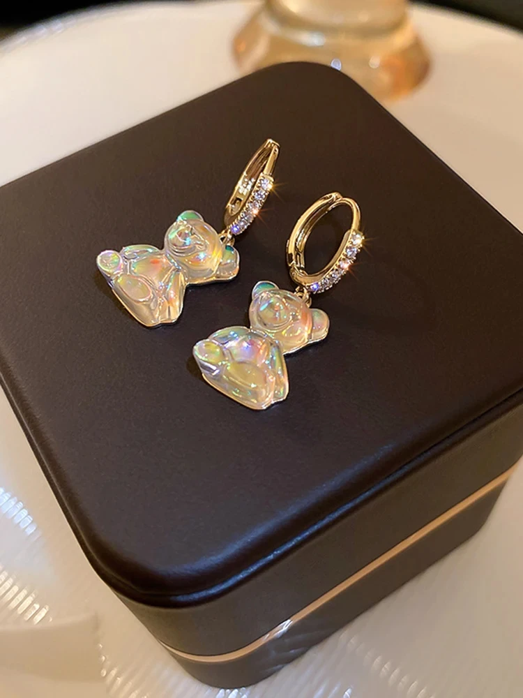 Cute Bear Earrings For Women Shiny Zircon Earrings 2024 New Trendy Golden Copper Drop Earring Party Wedding Jewelry Girls Gifts image 4