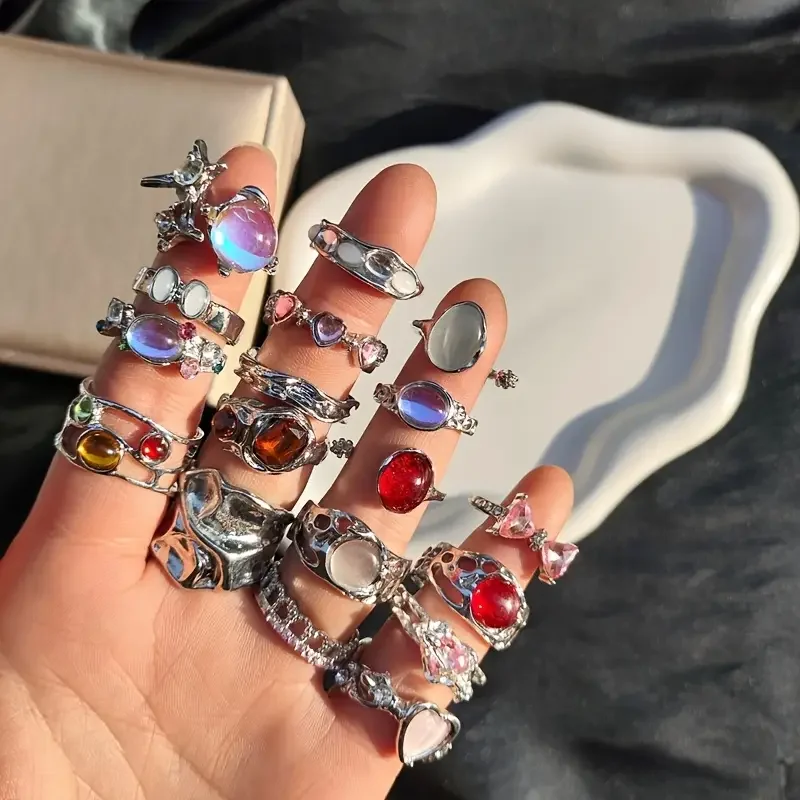 10/20/30Pieces Fashion Imitation Pearl Flower Open Rings Set For Women Mix Style Colorful Rhinestone Finger Jewelry image 6