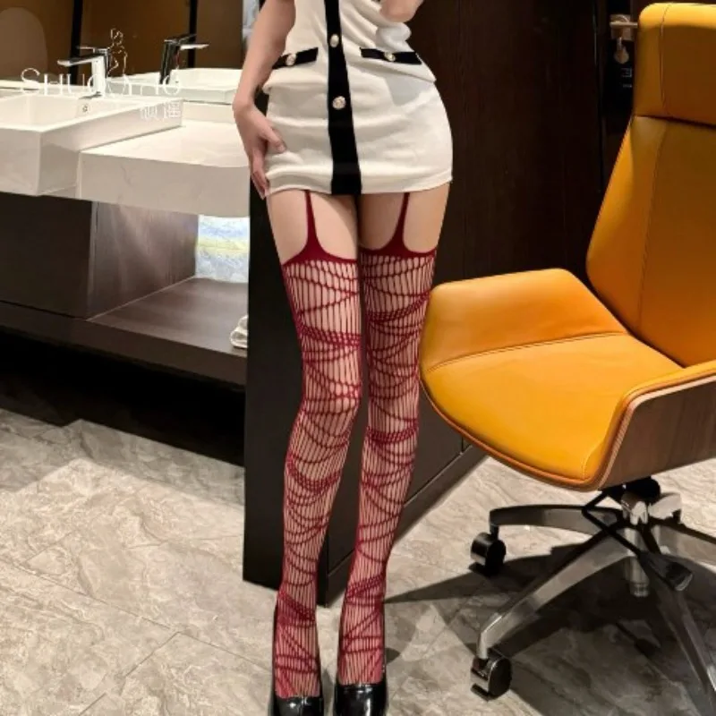 

New Lolita Gothic Girls Hollow Out Fishnet Stockings Women Fashion Halloween Black Tights Garter Over Knee Socks Sheer Pantyhose