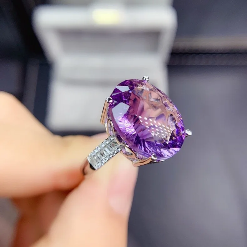 Natuurlijke Paarse Amethist Quartz Verstelbare Ring 14X12Mm Vrouw Clear Amethyst Facet Bead 925 Zilveren Rijke Steen Aaaaa