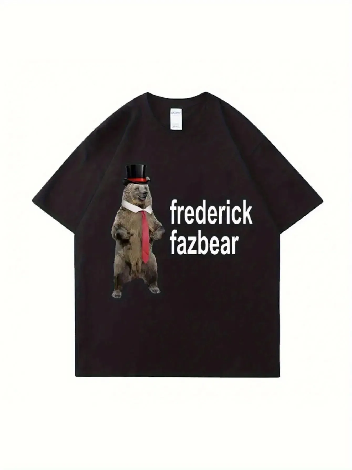 Frederick Fazbear Fashion Bear Print T-Shirt Black Funny Formal Fred Bear T-Shirt with Red Tie Soft Unisex Retro Party Outfit