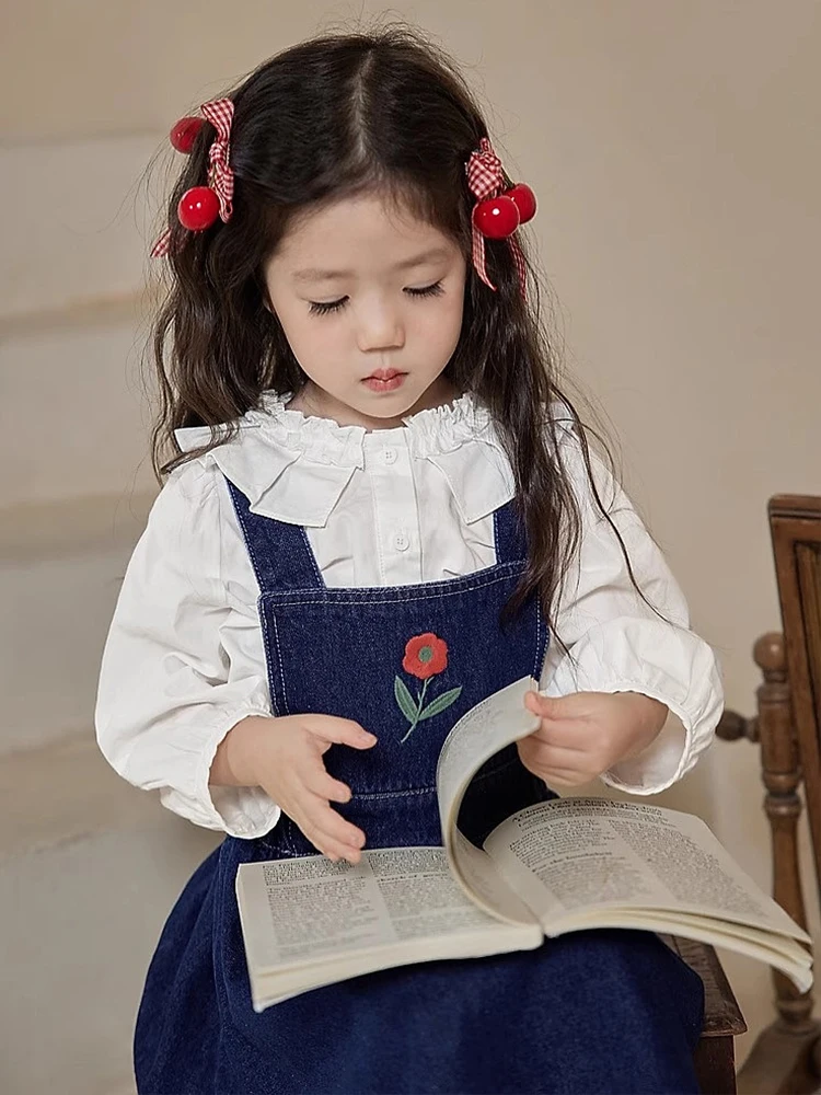 Kids Autumn Clothes Set Baby Girls Doll collar White Shirt Vest Denim Dress Children Preppy Style Suit Lovely Dress for 1-7Years