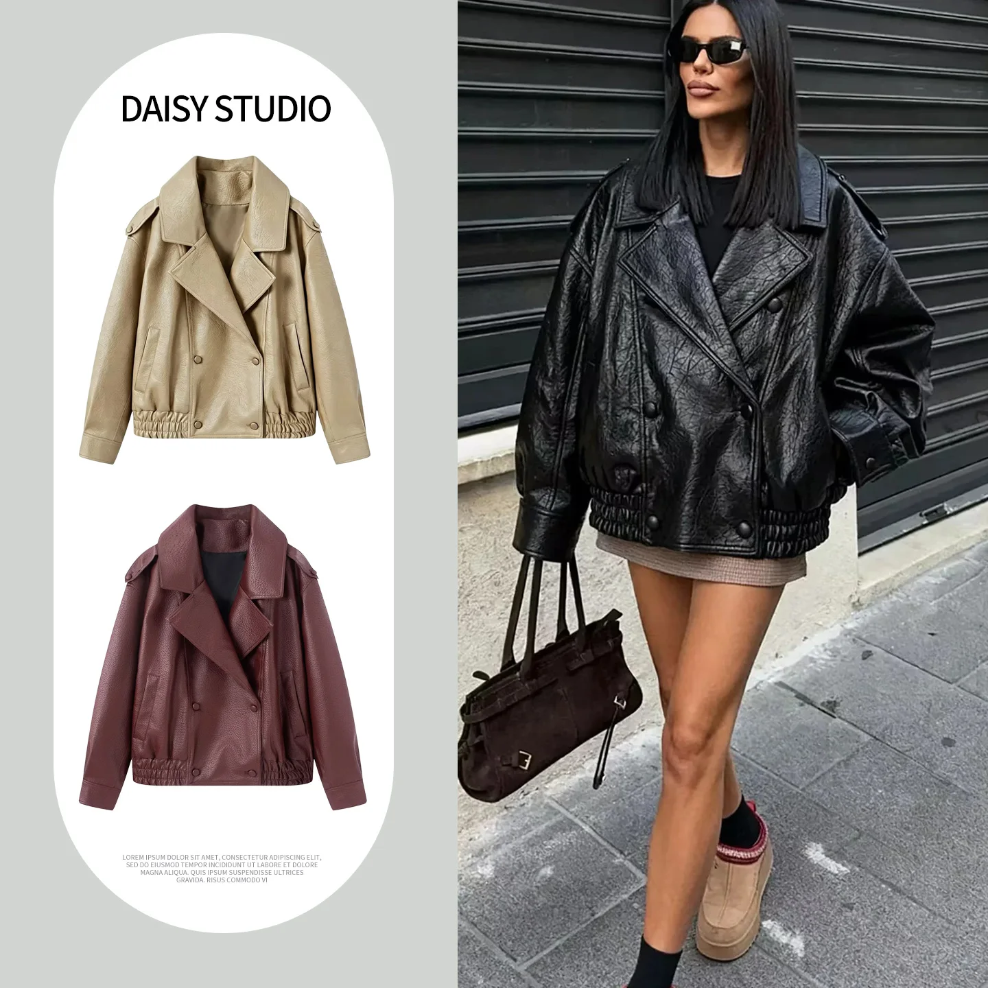 Loose Fit Short Jacket Women's French Style Long Sleeve Turn-down Collar Elastic Bottom Double Button Polyester Fiber Coat