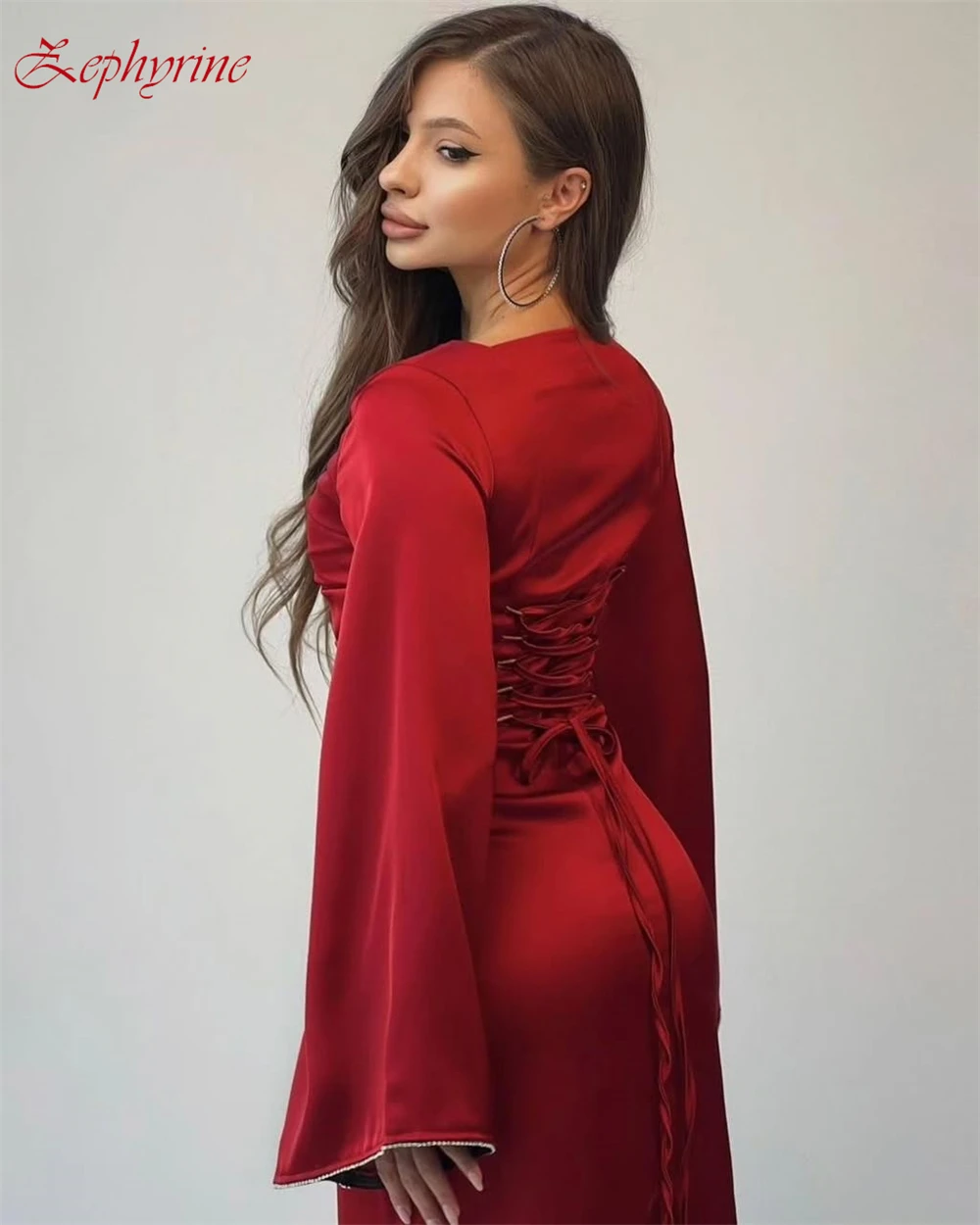 Customized Elegant Red Square Collar Off the Shoulder Eveing Dress High QualitySatin Long Sleeves A-line Prom Dresses For Women