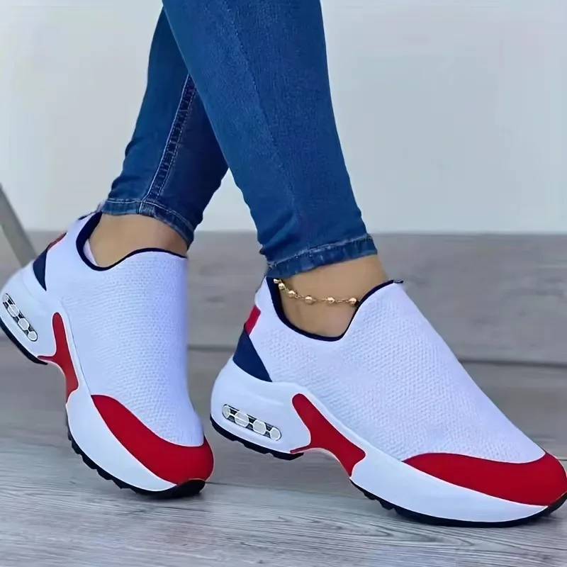 2024 summer new air cushion shoes large size round head thick sole flying woven color casual sports shoes net cloth a slip-on wo