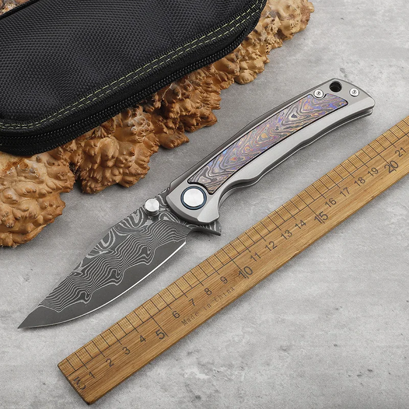 RW34 + VG10 دمشق شفرة فولاذية سبائك التيتانيوم مطعمة زركونيا الحصان مقبض سكين للفرد التخييم في الهواء الطلق أدوات إنقاذ سكين