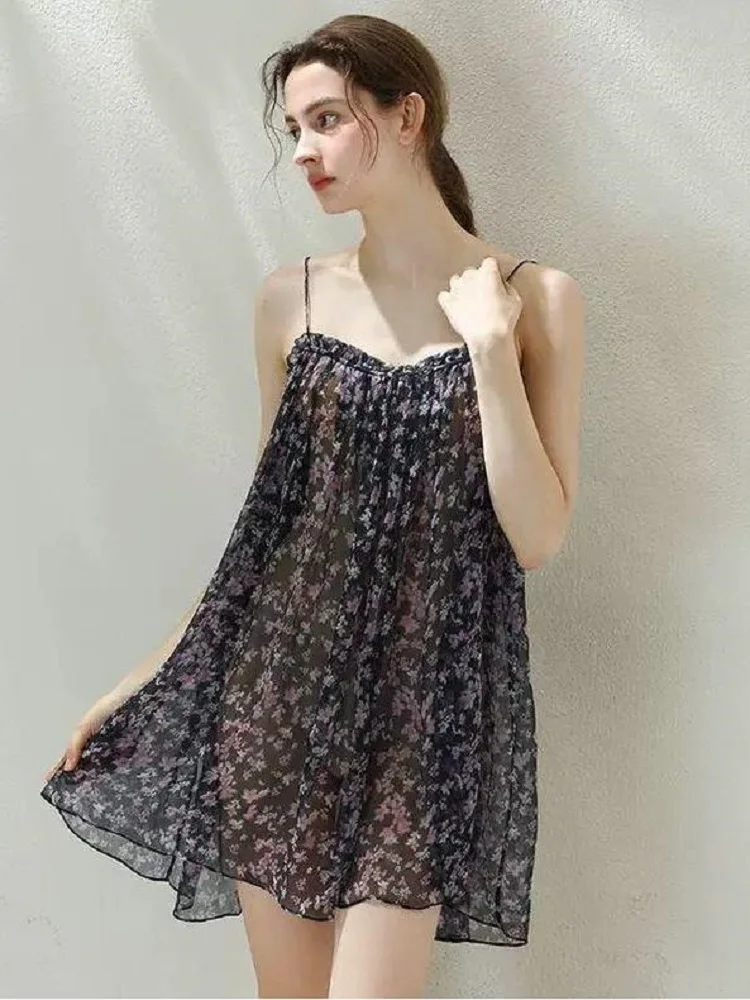 

Sexy Floral Print One-Shoulder Strap Sleep Dress for plus Size Women Summer Thin Casual Home Clothes Short Skirt Length