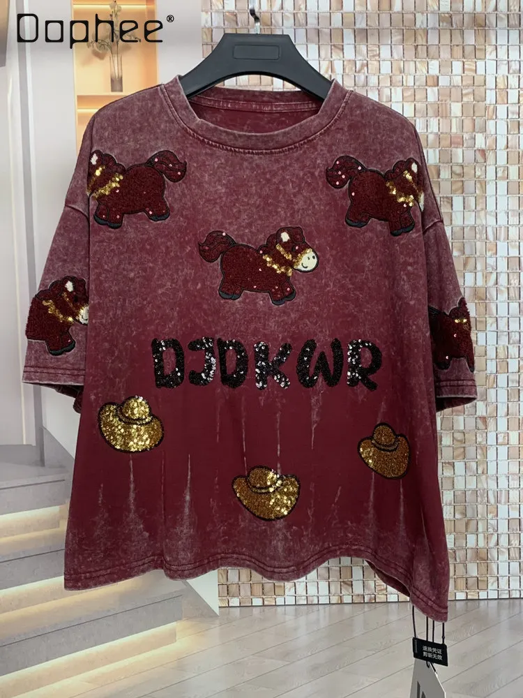 

Trendy Brand tee Fashion Heavy Wash Cotton Cartoon Age-Reducing Loose Short Sleeve T-Shirt Top women t shirt