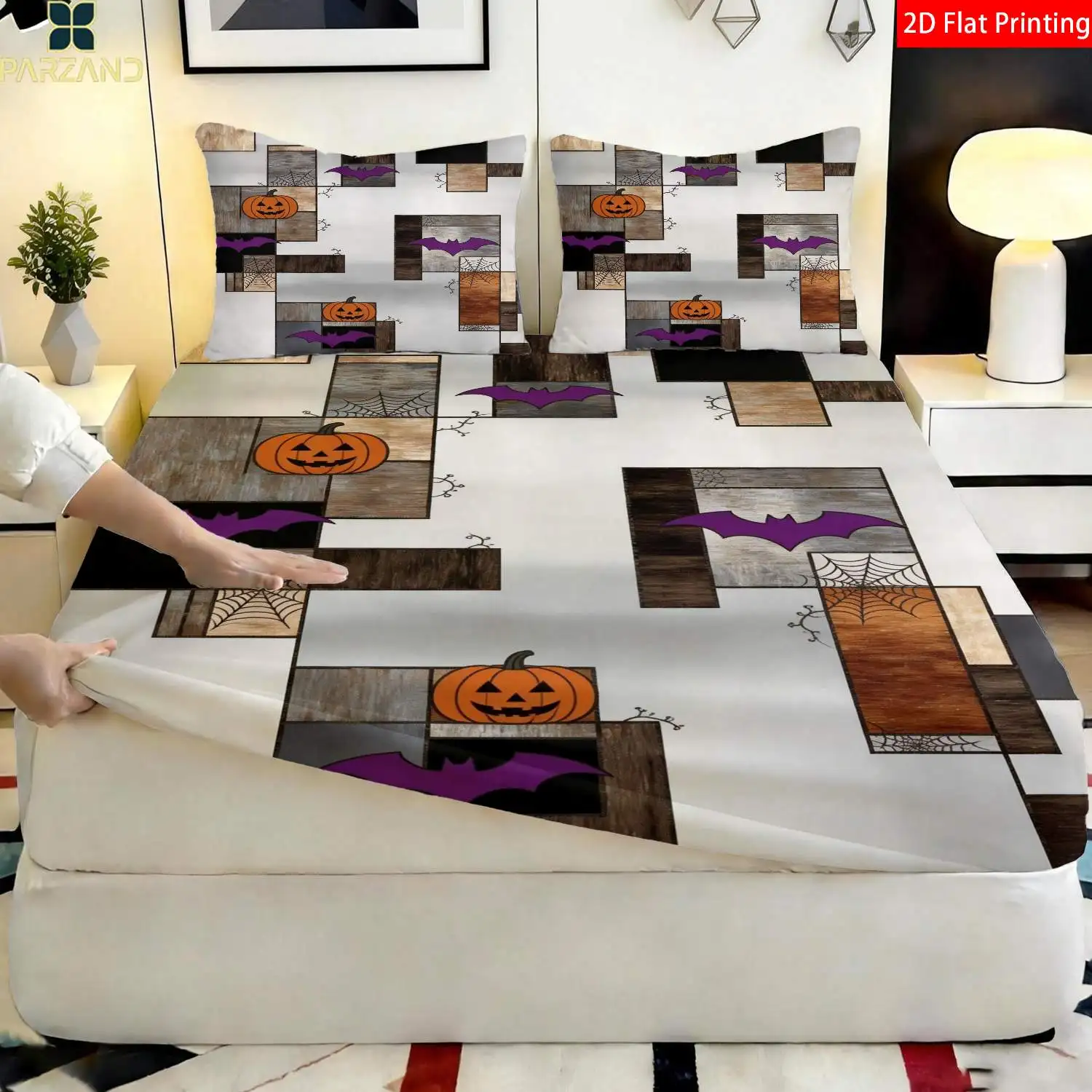 Printed Fitted Sheet with Bat and Pumpkin Design, High-Definition Printed Bedding, Thanksgiving Bedroom Decoration, Available in Various Sizes, Suitable as a Gift, Three-Piece Bedding Set (Includes 1 Fitted Sheet + 2 Pillowcases), Large Capacity Deep Bedding Set, Fitted Sheet Style with Elastic Band, Protective Cover, Mattress Protector, Machine Washable Design, Holiday Decoration, Various Sizes, Breathable Protective Cover with Pillowcase