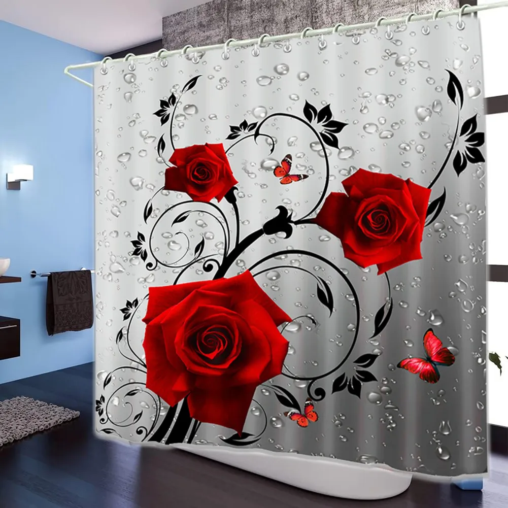 3d Digital Printing Red Rose Flower Shower Curtain Waterproof Polyester Landscape Curtains Bathroom Shower Curtain Decor