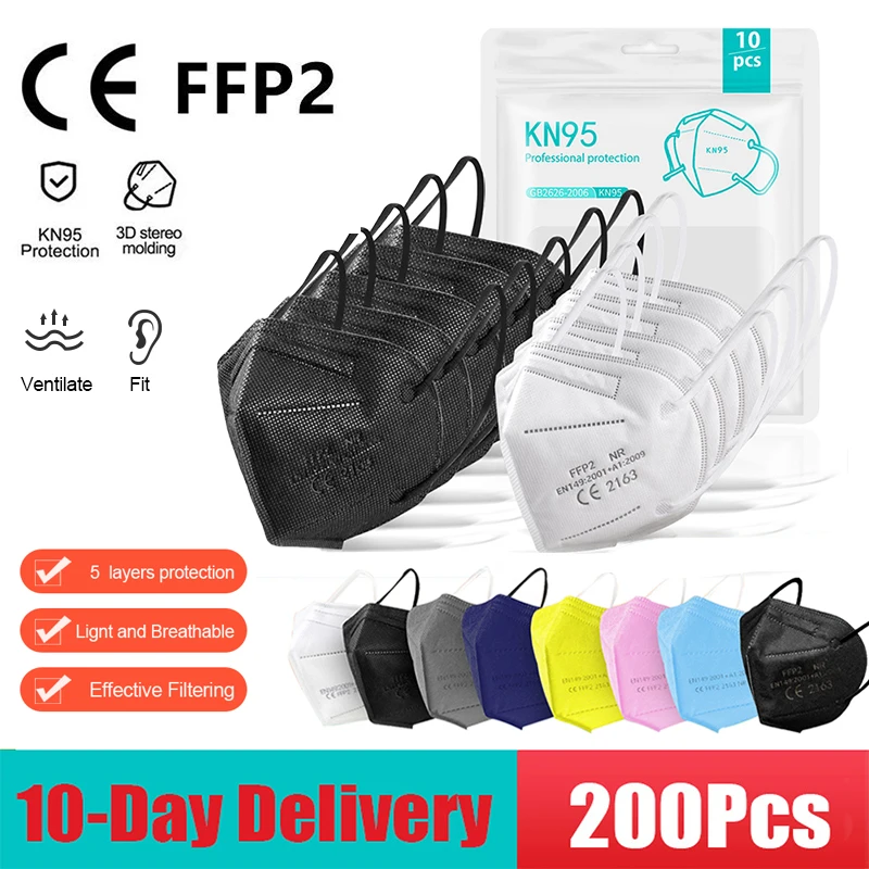 10-200pcs ffp2mask Black kn95 mascarillas negra Adults 5Layers fpp2 approved kn95 CE Respirator Face Mask ffp2 reutilizable ffp3