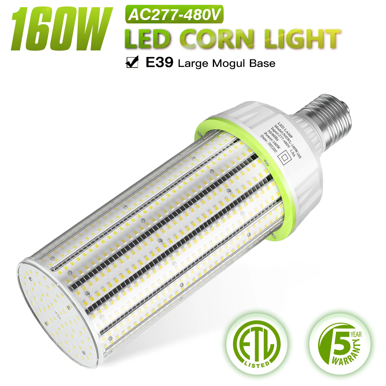 160W LED Corn Light Bulb E39 277-480V Cob Retrofit Lamp 21600LM Warehouse Lighting [400-600W MH HPS Equivalent]