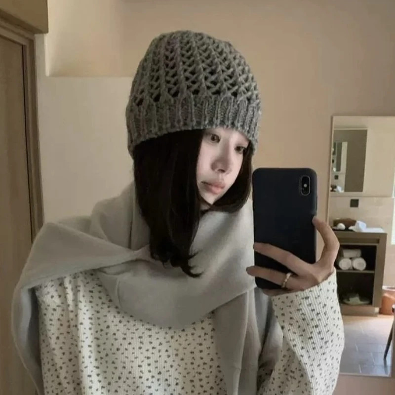 

Полая вязаная шапка для женщин, осенне-зимняя новая теплая шерстяная шапка, универсальная шапка на голову