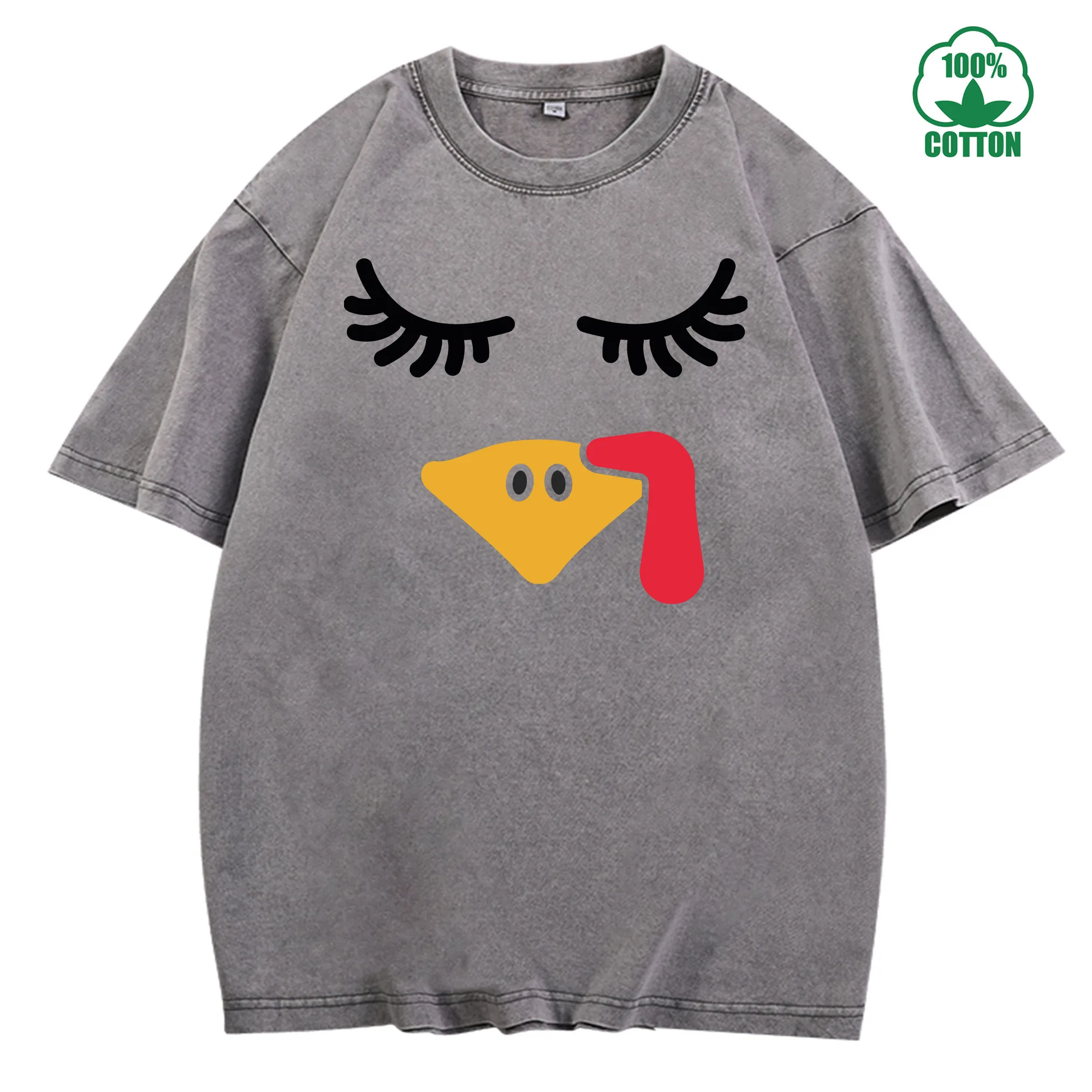 تي شيرت عيد الشكر تركيا إيموجي عتيق مغسول 230 جرام 100% قطن للجنسين مريح كبير الحجم ملابس الشارع