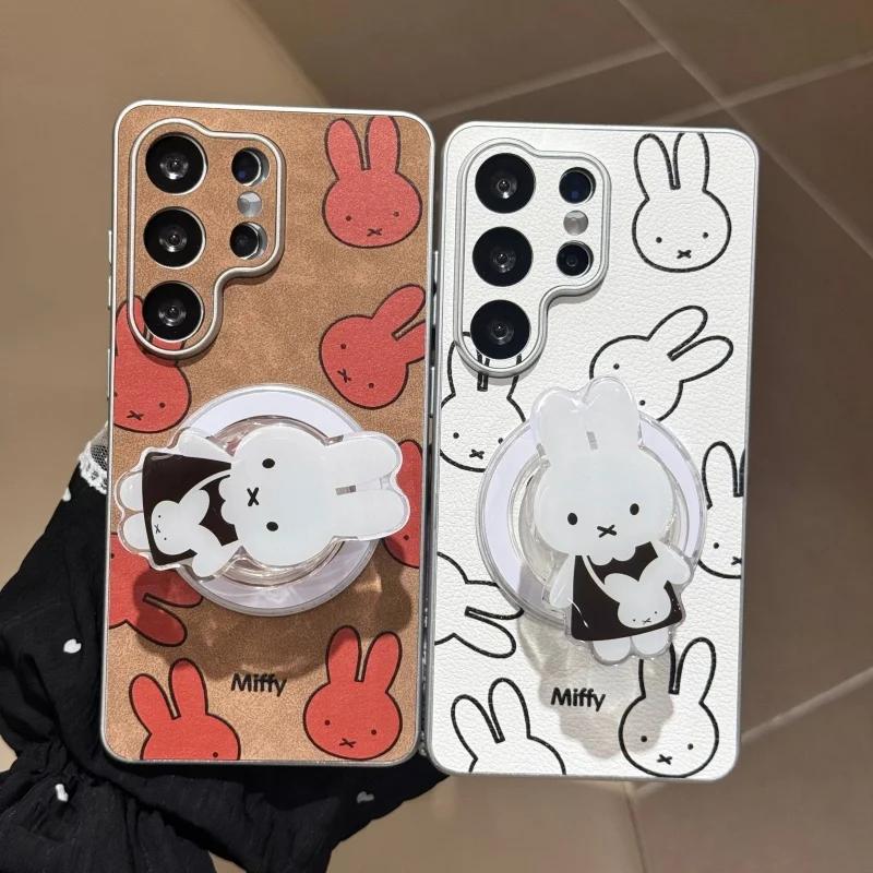 Luxury plating leather Cute Miffy cartoon Magsafe Wireless Charge Case  For Samsung S23 S24 S25 S26 Ultra Plus Magnetic Cover﻿