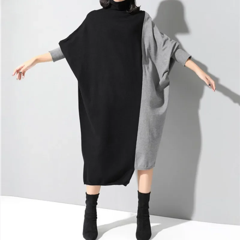 

Fashion Women Turtleneck Knitted Dress Autumn Long Batwing Sleeve Casual Patchwork Dress Elegant Party Midi Dress Winter Clothes