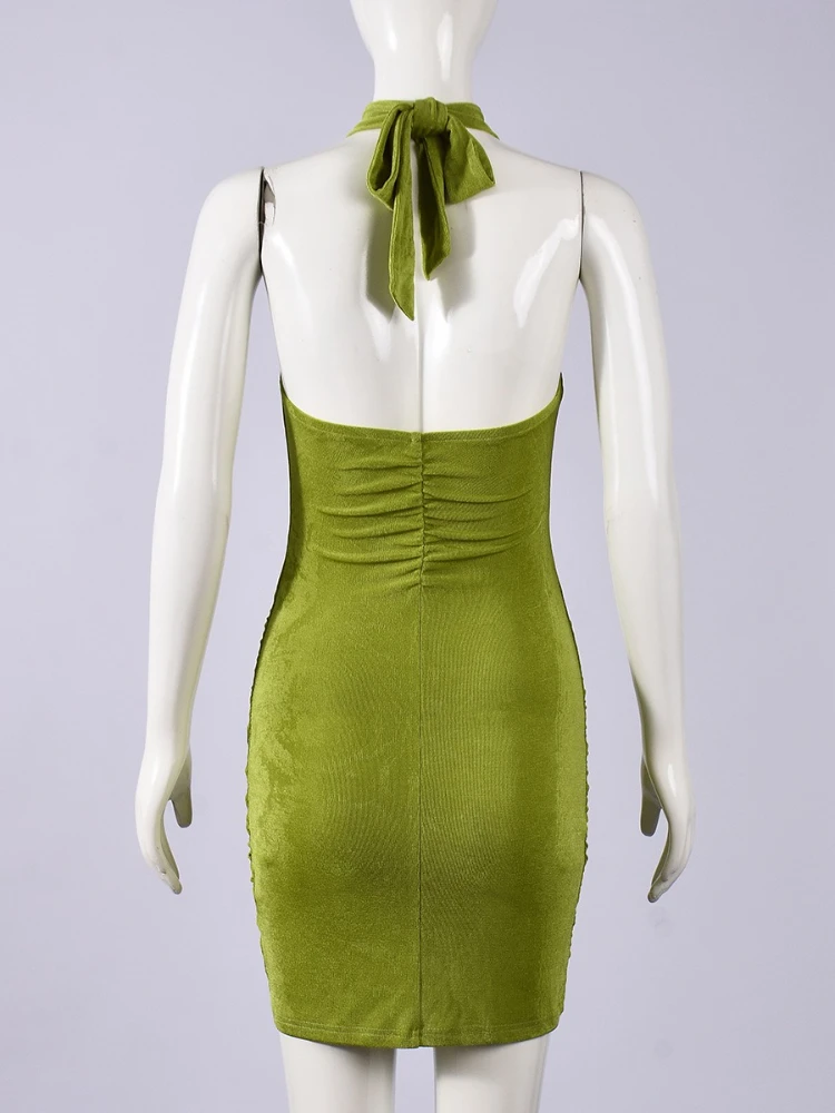 SsTss Mini abito aderente estivo sexy con scollo all'americana per le donne Abito da club increspato sottile senza maniche con dettagli ritagliati alla moda