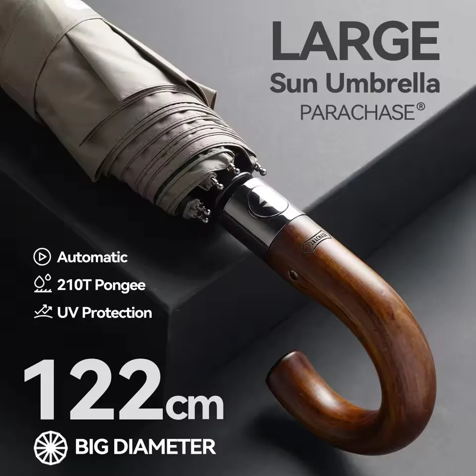 PARACHASE Large Umbrella Men Windproof Strong, Luxury Automatic Umbrella UV Protection, Wooden Handle, UV Parasol Umbrella