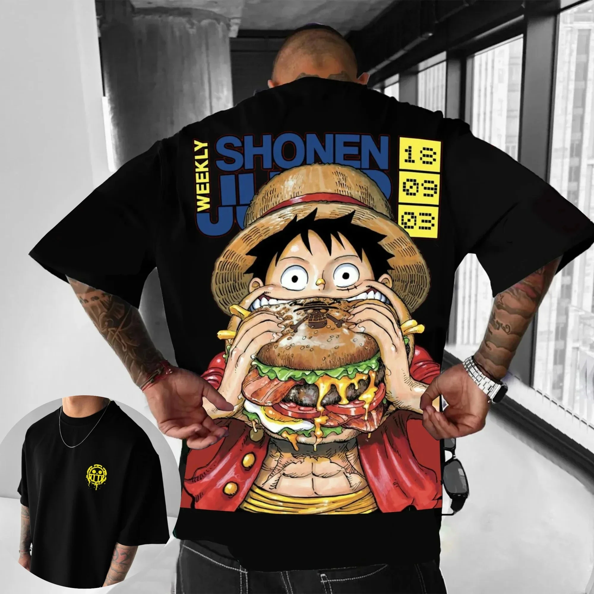 

One Piece Луффи Самурайский меч, череп, соломенная шляпа с 3D принтом, короткая свободная футболка, индивидуальный дизайн с большой спинкой в стиле аниме