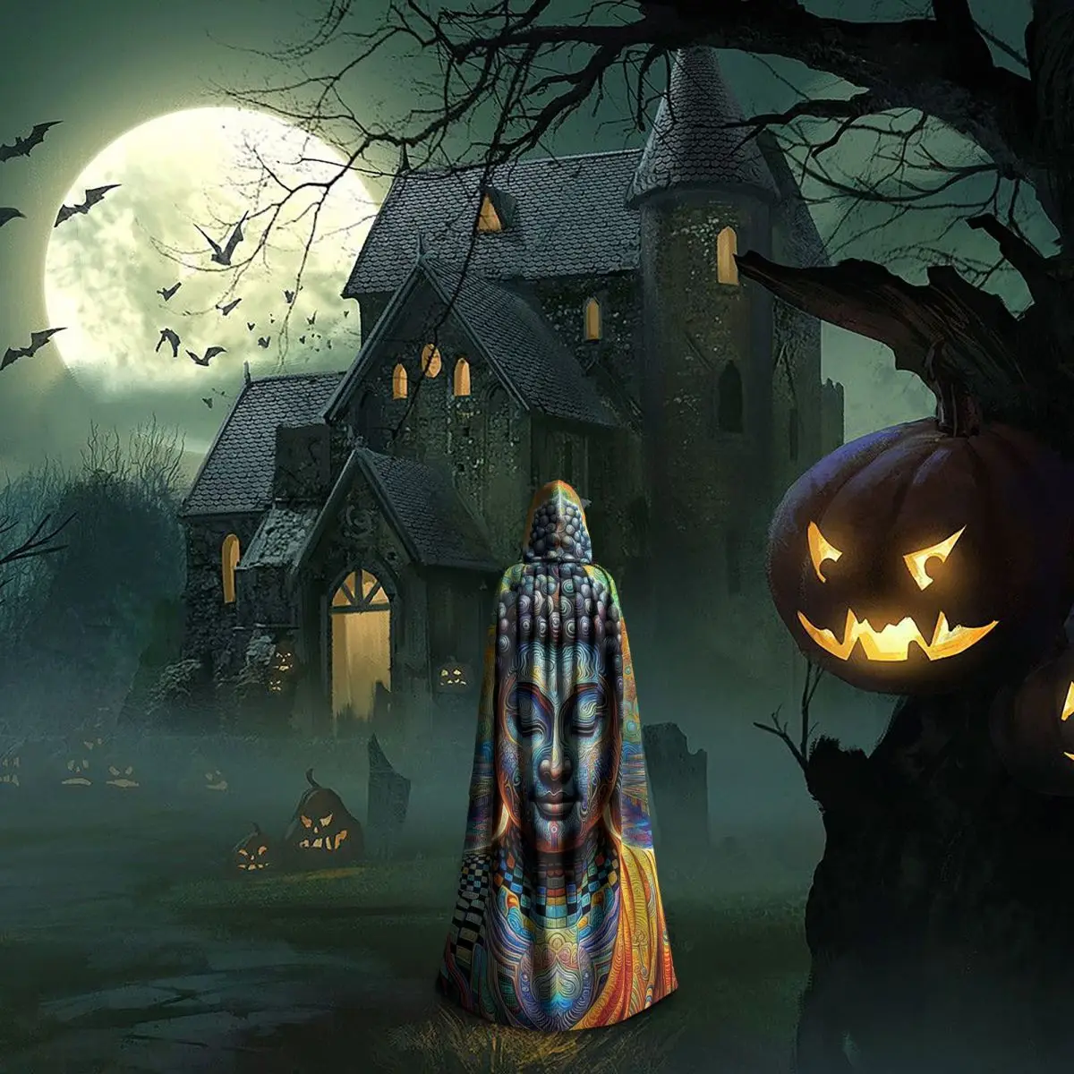 Buddha Long Hooded Cloak Witch Medieval Costume Cosplay Cape HalloweenParty Adult Unisex image 6