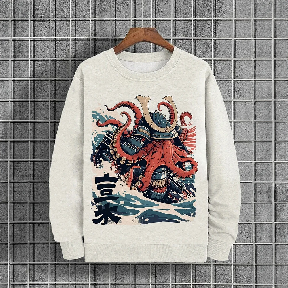 

Japanese Style Hoodied Men's Sweatshirts Pullover Ukiyo-e Octopus Graphic Print Long Sleeves Hoodies Oversized Men Clothing Tops